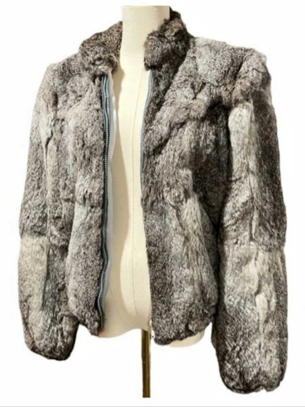 Bermans Rabbit Fur Zip Jacket in Gray & Black